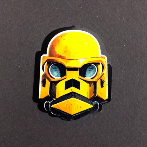 Image similar to portrait of a mutant chronicles bauhaus doomtrooper, on his helmet is a yellow smiley sticker by greg rutkowski