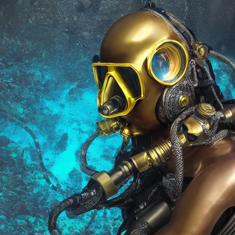 Image similar to octane render portrait by wayne barlow and carlo crivelli and glenn fabry, subject is a futuristic scuba diver with a shiny reflective golden metal helmet with colorful reflective goggles and covered in black ribbed rubber hoses, inside a coral reef aquarium full of exotic fish, cinema 4 d, ray traced lighting, very short depth of field, bokeh