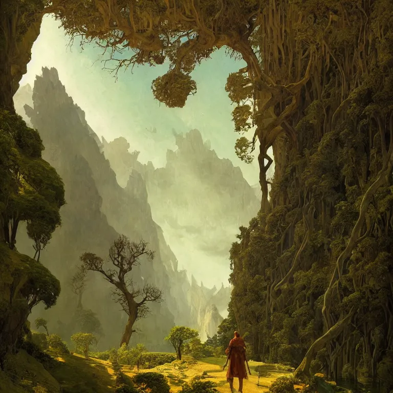 Prompt: a detailed landscape painting inspired by moebius and beksinski of a great forest with path and man with a cape over his head following the path. fantasy poster. cinematic fantasy scene. aurora lighting. fantasy. carl spitzweg. baroque elements. baroque element. intricate artwork by caravaggio. oil painting. award winning. dramatic. trending on artstation. 8 k