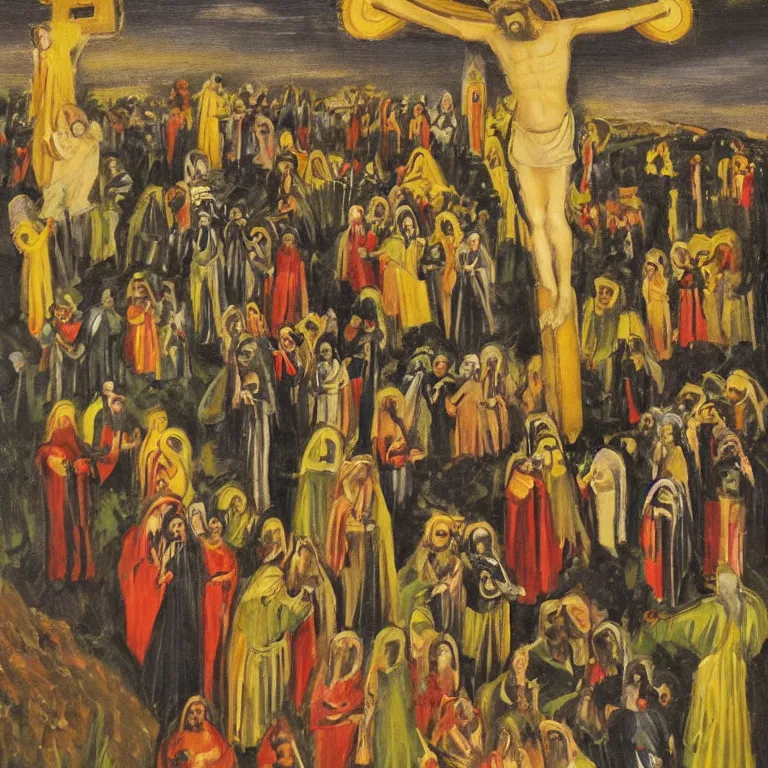 Prompt: A Holy Week procession of souls in a lush Spanish landscape at night. A figure at the front holds a cross. Art Deco.