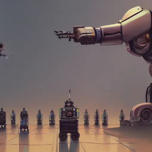 Image similar to viktor orban protecting people from robots in a painting from stalenhag, 4 k, 8 k, hdr, artstation, concept art