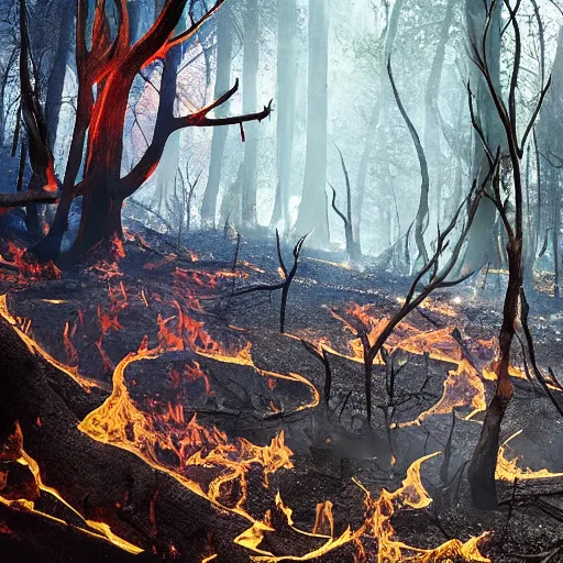 Prompt: a battle between the forces of hell and the forces of heaven in a magical forest. The forest is burned with charred trees. Lots of holy and damned magic is used