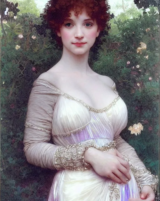 Image similar to young 1 8 - year old christina hendricks wearing an iridescent wedding dress covered in pearls, highly detailed, intricate, by bouguereau, alphonse mucha, and donato giancola