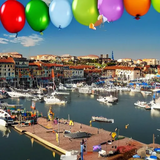 Image similar to photo of a lot of birthday balloons floating above a beautiful maritime port. sharp focus, highly - detailed, award - winning, epic cinematic