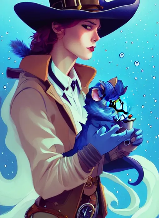 Prompt: style artgerm, joshua middleton, illustration, anthropomorphic hamster as cowboy steampunk, blue fur, swirling water cosmos, fantasy, dnd, cinematic lighting