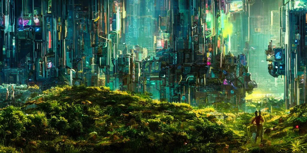 Image similar to a cinematic composition depicting : a computer run degrading cyberpunk world, on top of the mountain a mysterious translucid crystal neural network being is using its transformative energy to transition to a hopeful to lush green foresty solarpunk civilization in the valley at dawn