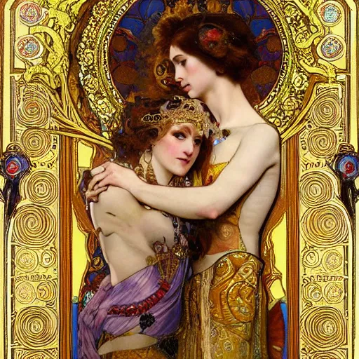 Image similar to realistic detailed dramatic symmetrical portrait of Adam and Eva as Salome dancing, wearing an elaborate jeweled gown, by Alphonse Mucha and Gustav Klimt, gilded details, intricate spirals, coiled realistic serpents, Neo-Gothic, gothic, Art Nouveau, ornate medieval religious icon, long dark flowing hair spreading around her