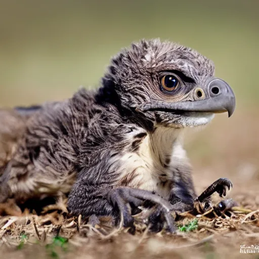 Image similar to cute baby raptor with feathers sitting on the ground