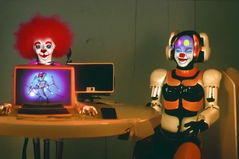 Image similar to cute robo - clowngirl in clowncore cyberspace, fractal, in 2 0 5 5, y 2 k cutecore clowncore, low - light photography, bathed in the glow of a crt monitor, still from a ridley scott movie