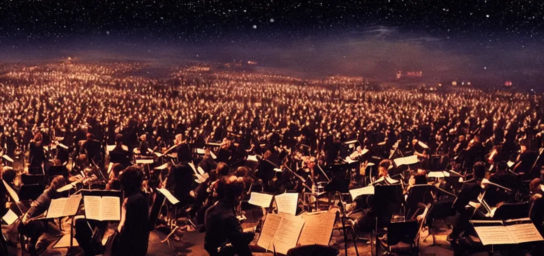 Image similar to a very high resolution image from a new movie. a beautiful concert during the night. photorealistic, photography, directed by stanley kubrick