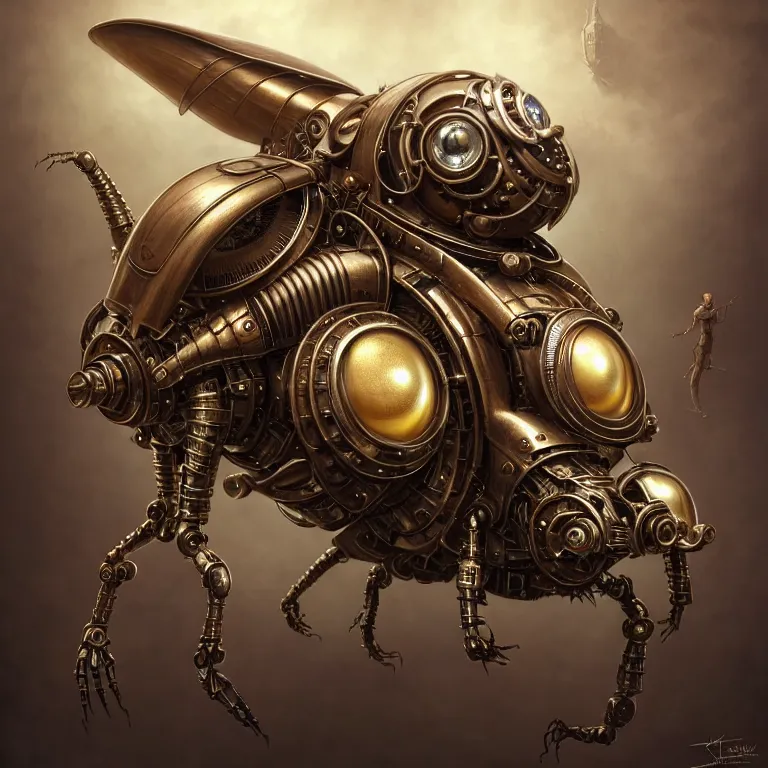 Image similar to portrait shot of a steampunk robot bug, unreal engine realistic render, 8 k, micro detail, intricate, elegant, highly detailed, centered, digital painting, artstation, smooth, sharp focus, illustration, artgerm, tomasz alen kopera, peter mohrbacher, donato giancola, joseph christian leyendecker, wlop, boris vallejo