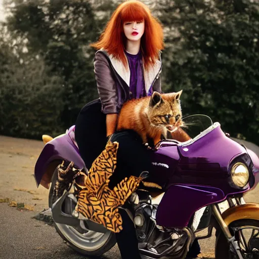 Image similar to a photo by arbus of a slender beautiful woman with straight ginger hair and bangs, wearing purple leathers and gold helmet, posing with large ginger tabby and raccoon on a motorcycle in front yard, holding coffee mug and toasted brioche bun, fashion photography, dramatic lighting, 8 5 mm lens