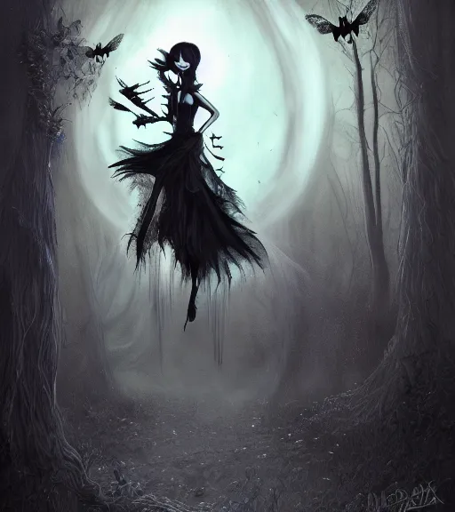 Prompt: gothic fairy with dragonfly wings, digital painting, liminal eerie midnight backlit, a picture taken by Michael Komarck and Eric Deschamps