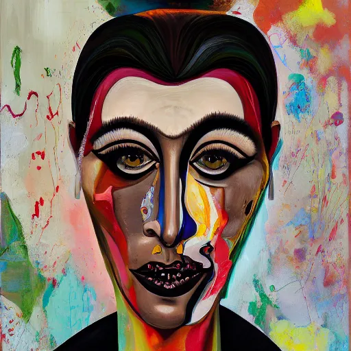 Image similar to grotesque portrait of kim kardashian painted by george condo, intricate, abstract, dark, highly detailed, oil on canvas, terrifying, brilliantly colored, 8 k