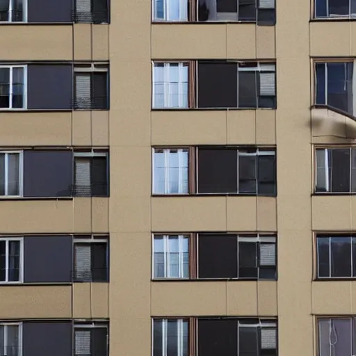 Prompt: long hair growing from windows and doors of large apartment building, the hair reaches the ground