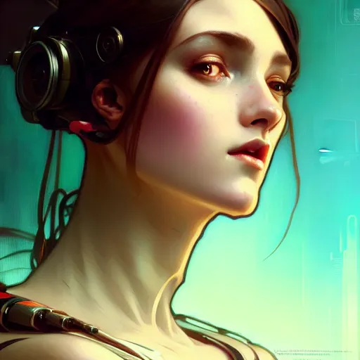 Image similar to portrait of beautiful girl with robot body by artgerm and greg rutkowski and alphonse mucha, close up, portrait, cinematic, elegant, artstation, intricate, highly detailed, digital painting, artstation, concept art, sharp focus, illustration, cyberpunk, cgsociety, 8 k