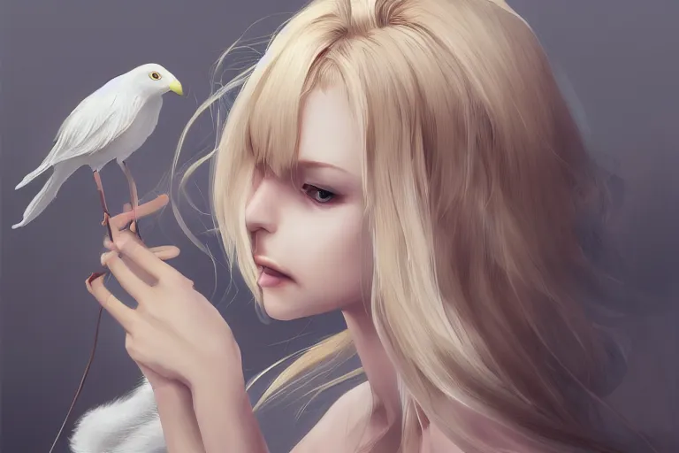 Image similar to a blonde girl playing with white bird, gloomy, highly detailed, digital painting, artstation, concept art, smooth, sharp focus, illustration, art by CLAMP, Hino Matsuri