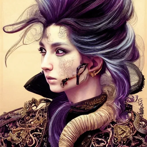 Image similar to portrait, headshot, insanely nice professional hair style, dramatic hair color, digital painting, of a old 17th century, old cyborg merchant, amber jewels, baroque, ornate clothing, scifi, realistic, hyperdetailed, chiaroscuro, concept art, art by Franz Hals and Jon Foster and Ayami Kojima and Amano and Karol Bak,