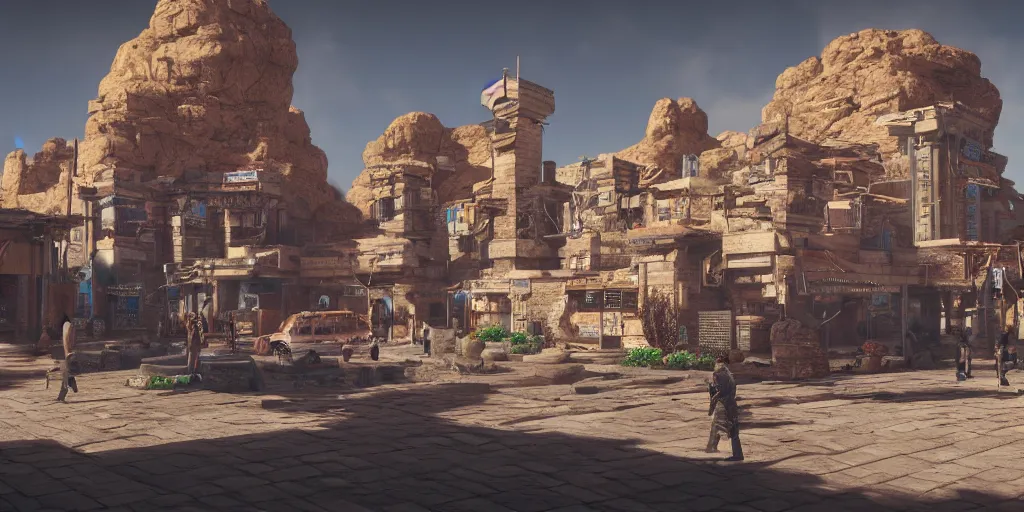 Image similar to a cyberpunk village with nabatean architecture, highly detailed, 4k, 3D render, unreal engine 5, raytracing, HDR, award winning