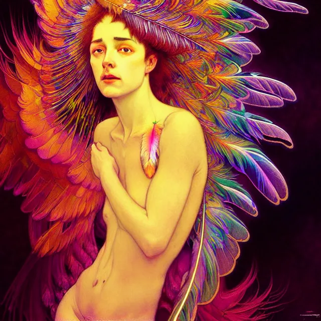 Image similar to face of innocent psychedelic transcendent feather mind bending psychedelic wings of glossy liquid honey flowing like kaleidoscopic translucent holograph, lsd feathers, feathery fluff, enlightenment, high contrast dappled lighting, refracted sunset, highly detailed, concept art, art by collier, albert aublet, krenz cushart, artem demura, alphonse mucha