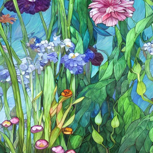 Image similar to synthetic elements of gouache painting of flowers and flower borders source material collection, style of studio ghibli, makoto shinkai, raphael lacoste, louis comfort tiffany, artgerm, james jean, ross tran