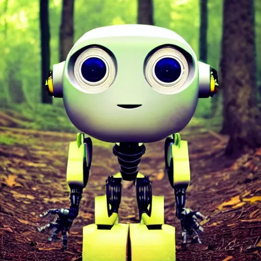 Prompt: very cute robot, portrait, pixar style, forest background, cinematic lighting, award winning creature portrait photography