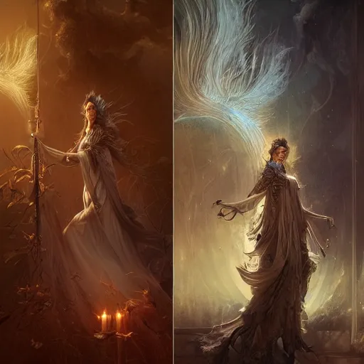 Image similar to hyperrealistic beautiful detail matte 3 d painting of a very beautiful priest with spear of darkness and dark smoke aura by ellen jewett, dan mumford, beeple, alex grey, monia merlo, miho hirano tomasz alen kopera and justin gerard : 3