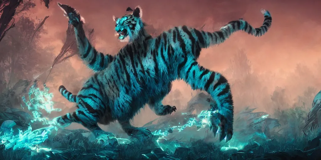 Image similar to Ghostly tiger creature made out of turquoise energy character design sheet, Monster Hunter Illustrations art book, Bright sparks, claws, huge sabertooth fangs, Moebius, Greg Rutkowski, Zabrocki, Karlkka, Jayison Devadas, Phuoc Quan, trending on Artstation, 8K, ultra wide angle, zenith view, pincushion lens effect.