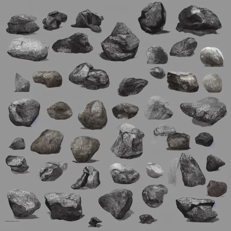 Image similar to a bunch of rocks and stones that are on a gray background, concept art by senior environment artist, featured on polycount, environmental art, artstation hq, artstation hd, polycount