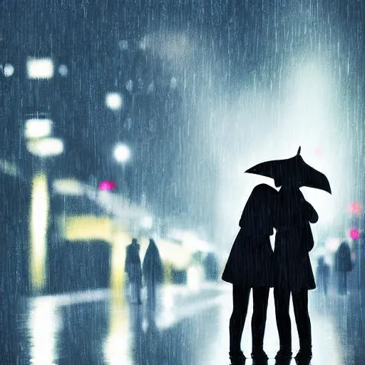 Image similar to hugging the love of your life in the rain in the streets of a modern chinese city at night, high quality digital art, dreamy fog