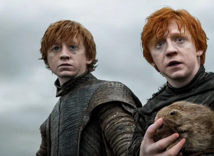 Image similar to ron weasley as thehnellor in game of thrones, holding his large fat rat, live action film, cinematic photo, clear hd image