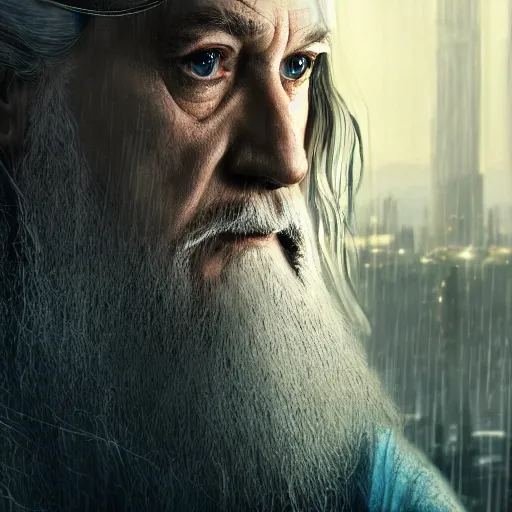 Image similar to cyberpunk gandalf, lord of the rings, photorealistic, 4 k, rain, blade runner, ultra realistic. isometric