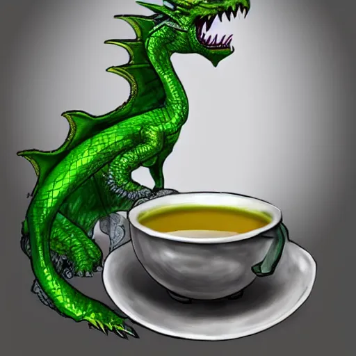 Prompt: a green dragon drinking a cup of tea, intricate concept art, artstation