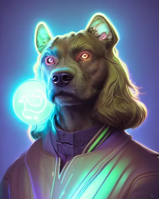 Image similar to one singular portrait of a cute bioluminescent dog-man, highly detailed, digital painting, cinematic, hyper realism, dark retrowave, art by Stanley Lau and Artgerm and magali villeneuve and Alphonse Mucha, artstation, octane render, cgsociety