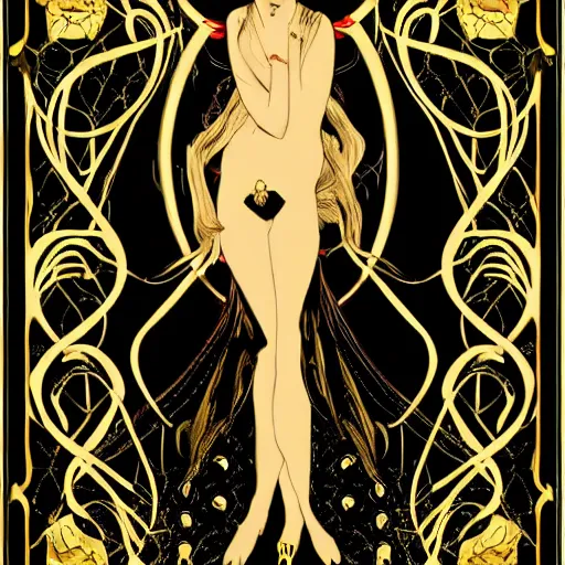 Prompt: a devil little girl, black and gold, art nouveau style