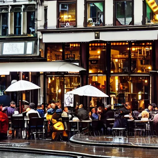 Image similar to busy cafe in a rainy victorian city