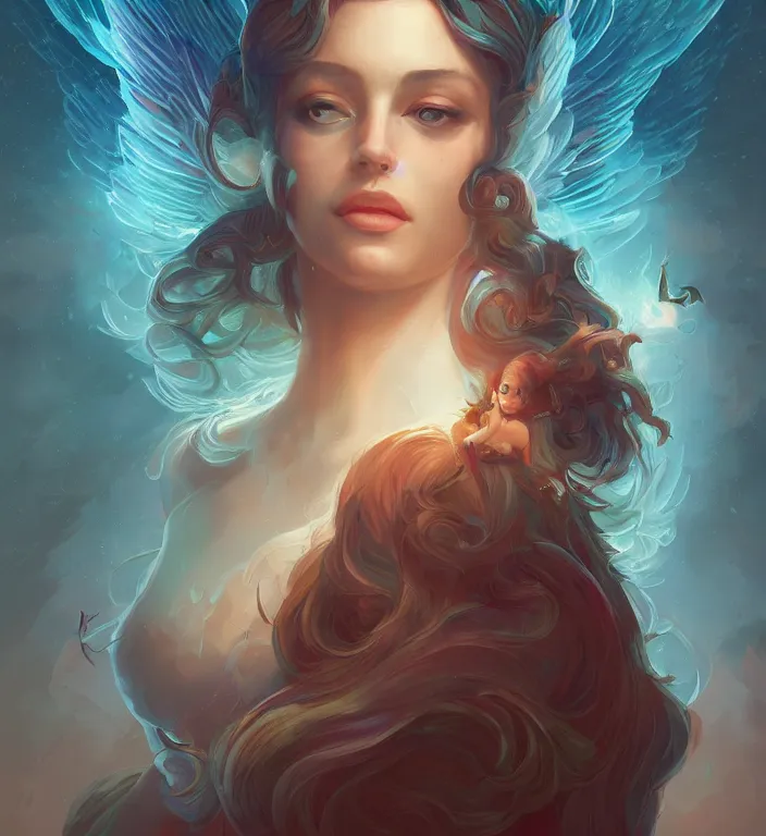 Image similar to centered waist up portrait photography an angel + bokeh + DOF + 8k, photorealistic + rendered in unreal engine + colors and composition by Peter Mohrbacher + line work by Dan Mumford