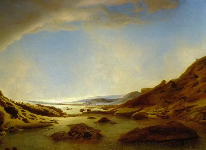 Image similar to the european steppes frozen over and the water lowered during the last ice ages, in the style of hudson river school of art, oil on canvas