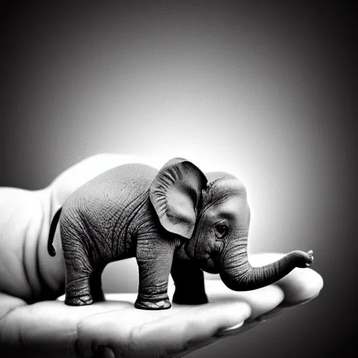 Prompt: tiny elephant in the palm of a hand perfect composition dynamic lighting realistic