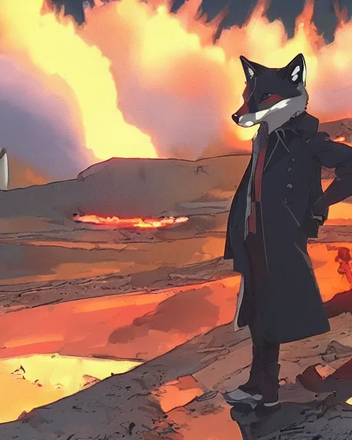 Image similar to a fox in a black trench - coat in front of a huge explosion in the middle of a war, style of anime