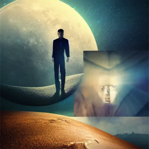 Prompt: 3 d, sci - fi, close - up, night, smiling fashion model face, moon rays, cinematic, clouds, vogue cover style, a man walks to the horizon, blue mood, intricate oil painting, high detail illustration, figurative art, multiple exposure, poster art, 3 d, by tooth wu and wlop and beeple and greg rutkowski