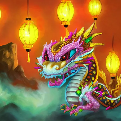 Prompt: cute baby chinese dragon surrounded by lanterns, colorful detailed oil painting 4k, trending on artstation