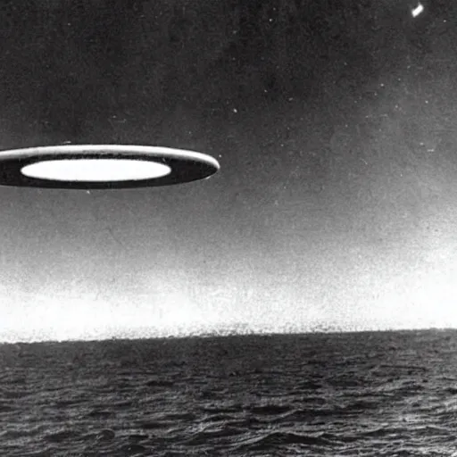 Prompt: a picture of an ufo above navy in the war, black and white, 1 9 4 0's