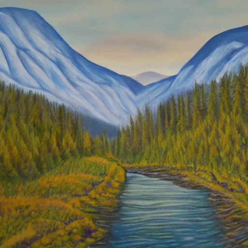 Prompt: A photorealistic painting of a landscape, with mountains, forests, and a river winding through it, in natural colors.