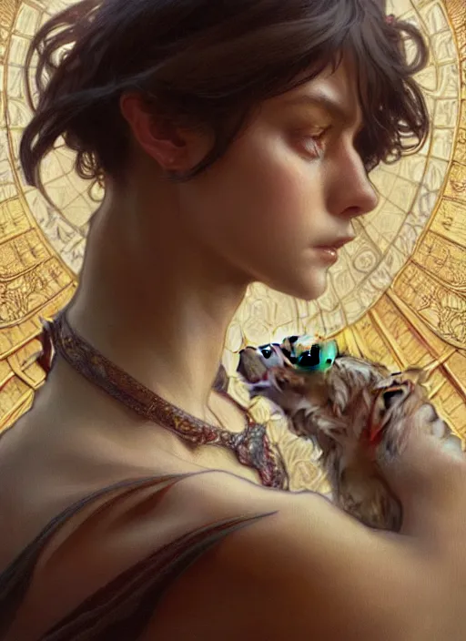 Image similar to portrait of stoic looking miniature schnauzer, fantasy, intricate, elegant, highly detailed, digital painting, artstation, concept art, smooth, sharp focus, illustration, art by artgerm and greg rutkowski and alphonse mucha