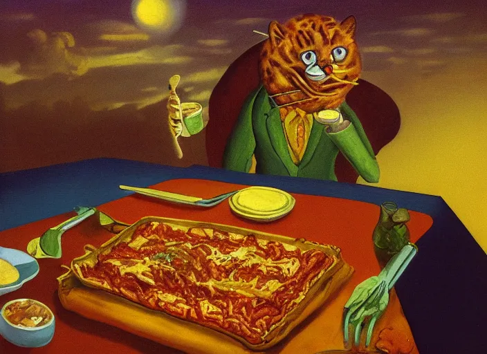 Image similar to surrealist impressionist painting of garfield eating lasagna at dusk, in the style of michael whelan and wayne barlowe