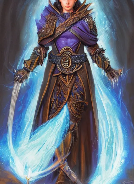 Image similar to bright blue cloak female priest, ultra detailed fantasy, dndbeyond, bright, colourful, realistic, dnd character portrait, full body, pathfinder, pinterest, art by ralph horsley, dnd, rpg, lotr game design fanart by concept art, behance hd, artstation, deviantart, hdr render in unreal engine 5