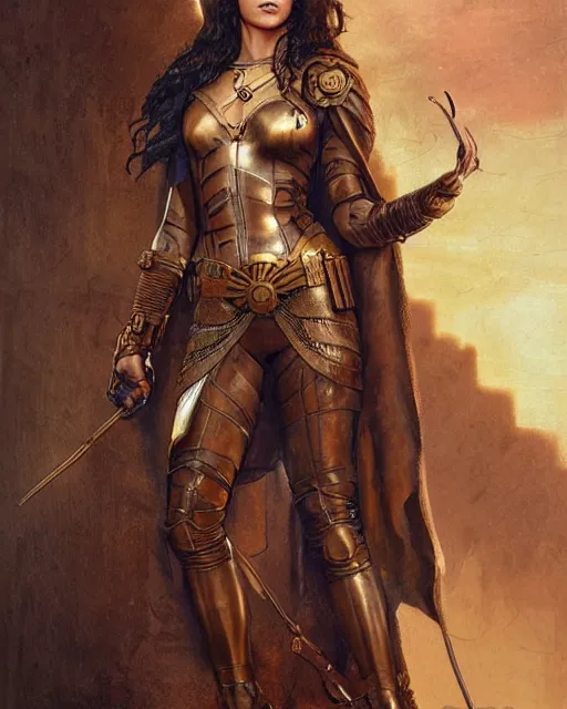 Prompt: highly detailed steampunk gal gadot standing, bronze age : leonardo da vinci, greg rutkowski, magali villeneuve