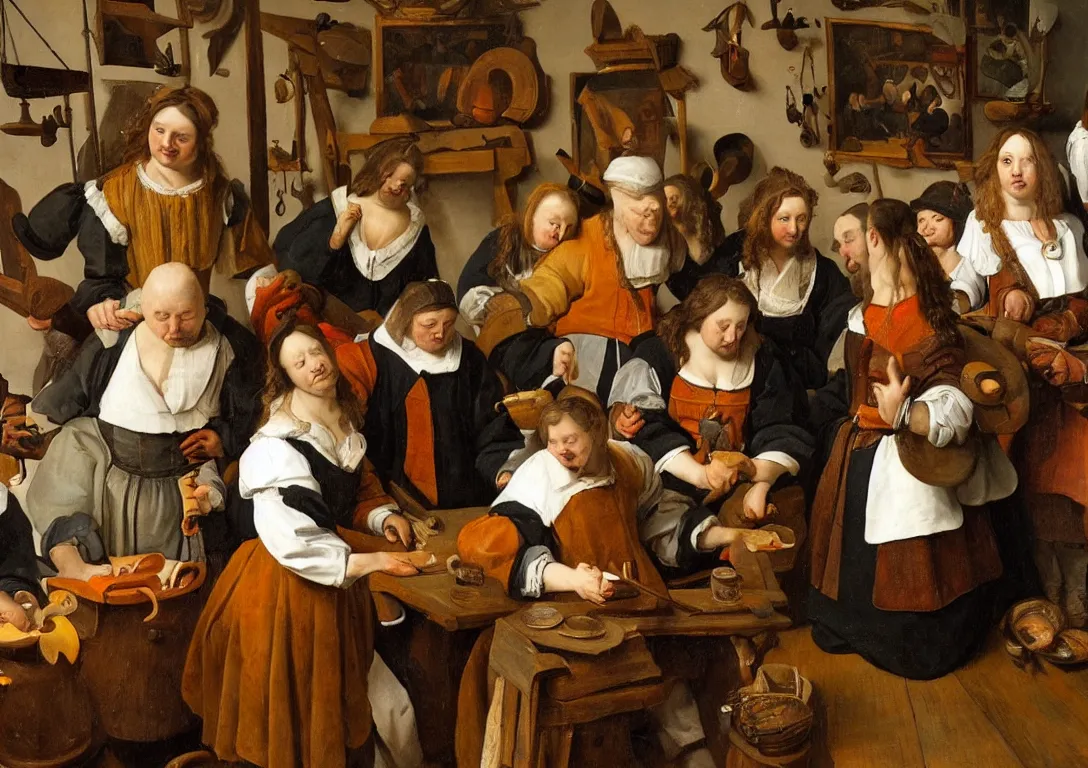 Image similar to Jan Steen. beautiful woman in the center looking at us. low ceiling, small chamber. Hyperrealistic, ultra detailed, 80mm, museum, artwork.