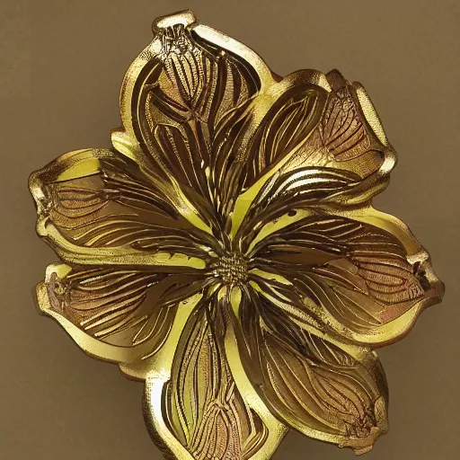 Image similar to a tiger lily flower made of metal, metallic, shiny, glowing, high detail